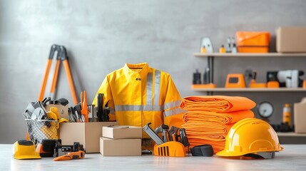 A well organized set of industrial safety gear and equipment including hard hats reflective vests and various tools and accessories neatly arranged on shelves in a workplace or workshop setting