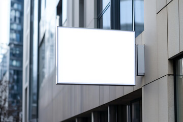 White mock up sign hanging on a building entrance