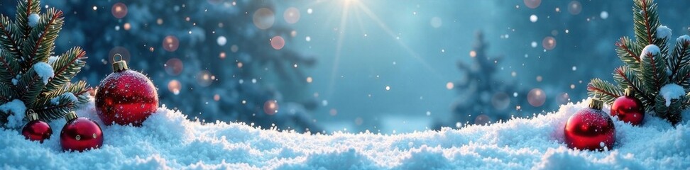 Naklejka premium Snowy winter landscape with Christmas decorations, forest, festive, holiday