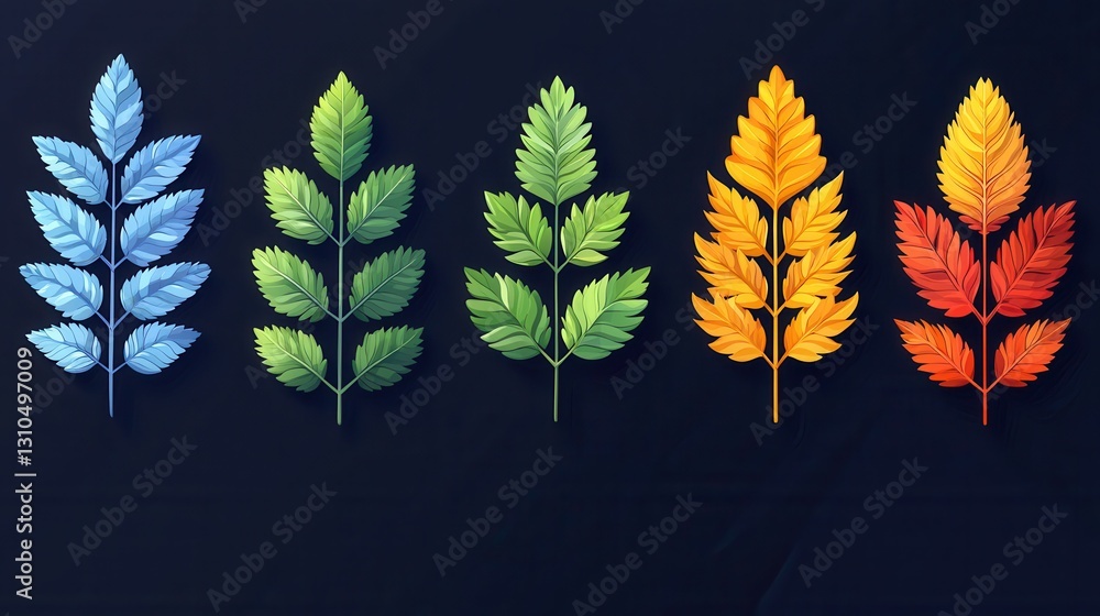 Poster stylized botanical icon set with 15 linear symbols representing the seasonal changes of foliage thro