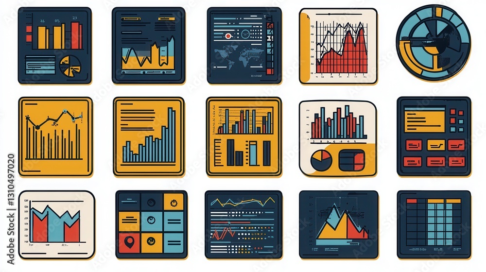 Poster comprehensive set of 15 detailed business and finance statistics icons for creating infographics das