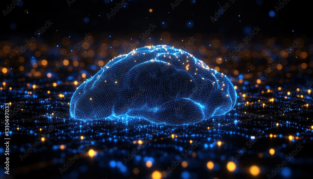 Poster glowing digital brain in a futuristic tech landscape with sparkling luminous particles
