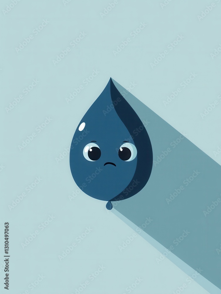 Poster sad blue water drop with eyes expresses emotions in a simple style with minimalist design