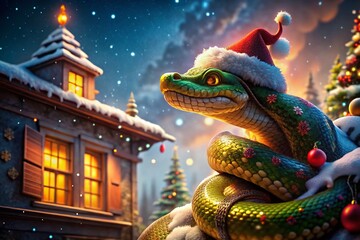 Obraz premium Festive Winter Wonderland: Santa Hat Snake on Architectural Background