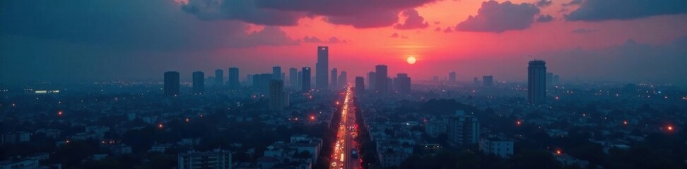 Fototapeta premium Moody cityscape at dusk with dim streetlights and misty atmosphere, dusk, nature, cityscape
