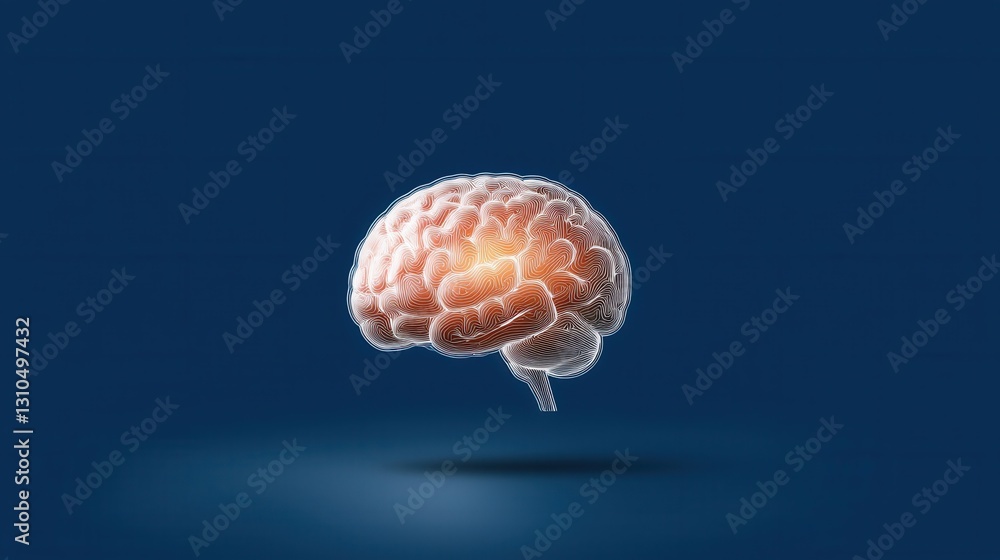 Poster glowing translucent brain model suspended in space representing the complex cognitive processes ment