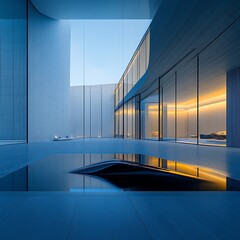 Fototapeta premium Modern house, courtyard pool, twilight, minimalist design, interior reflection