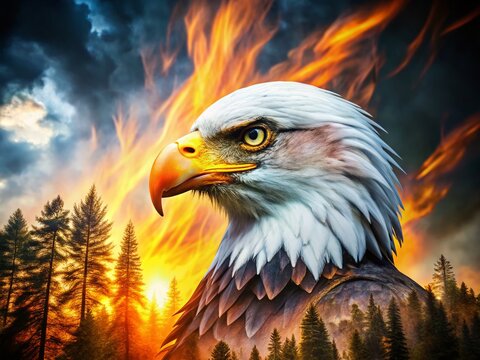 Fiery Eagle: Double Exposure of Bald Eagle and Forest Fire