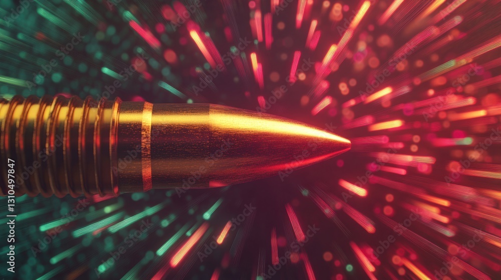 Poster vivid light trails surround a metallic bullet, representing speed and energy in a high-contrast envi