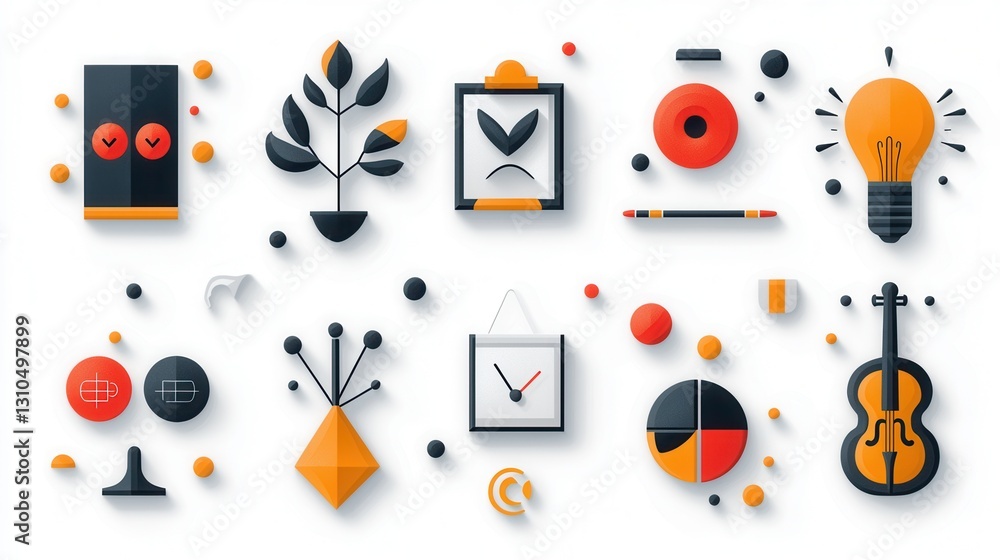 Poster collection of 15 abstract minimal linear icons and geometric shapes in vibrant colors for modern des