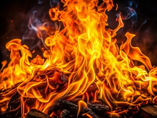 Fiery Inferno: Bright Flames Burning in Darkness - Stock Photo