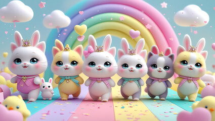Obraz premium Cute pastel bunnies in princess crowns with colorful rainbow background, adorable kawaii bunnies with hearts and balloons, spring pastel aesthetic