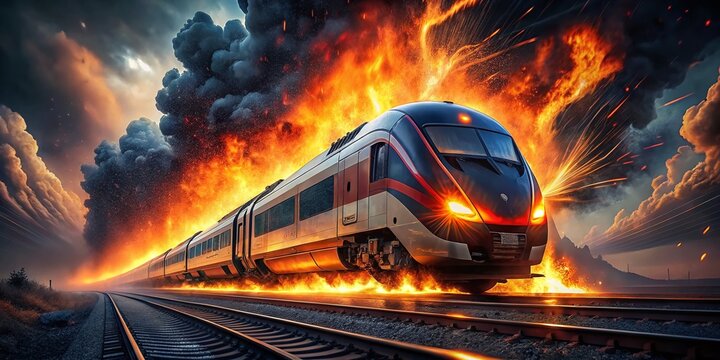 Fiery High-Speed Train Crash - Dramatic Nighttime Stock Photo