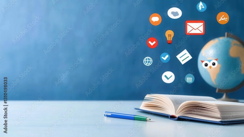 Poster comprehensive collection of simple minimalist linear icons representing various aspects of learning 
