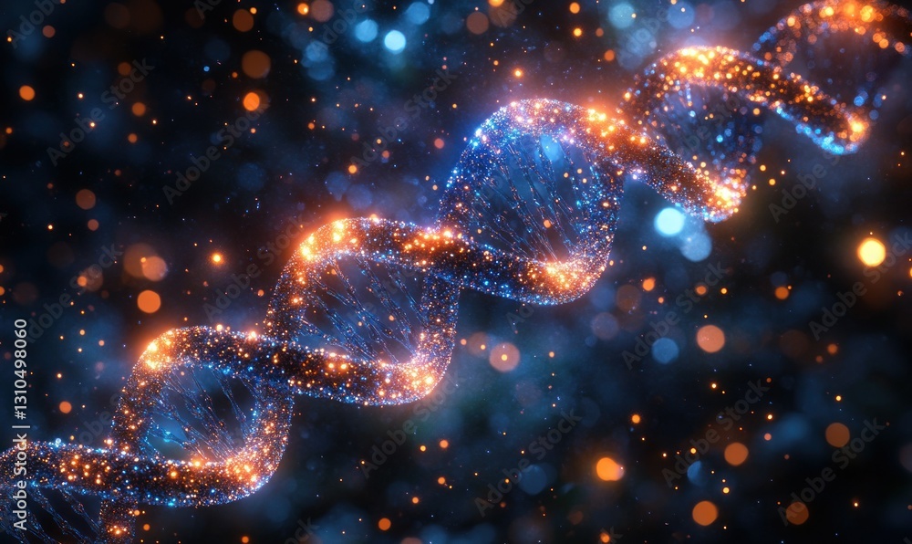 Poster abstract digital representation of dna strand with glowing particles and cosmic background