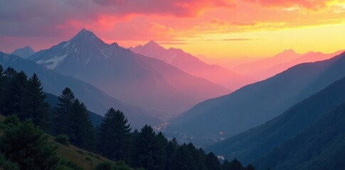Obraz premium Mountains at sunrise with mist , fog, soft colors, mountains