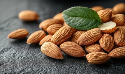 Raw almonds with green leaf on a dark stone surface, healthy food and snack concept