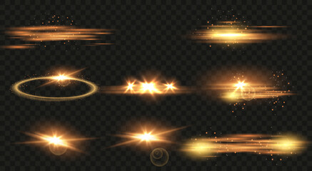 Set of flashes, lights and sparks. Abstract golden lights isolated on a transparent background. Bright gold flashes and glares. Bright rays of light. Glowing lines. Vector illustration. EPS 10