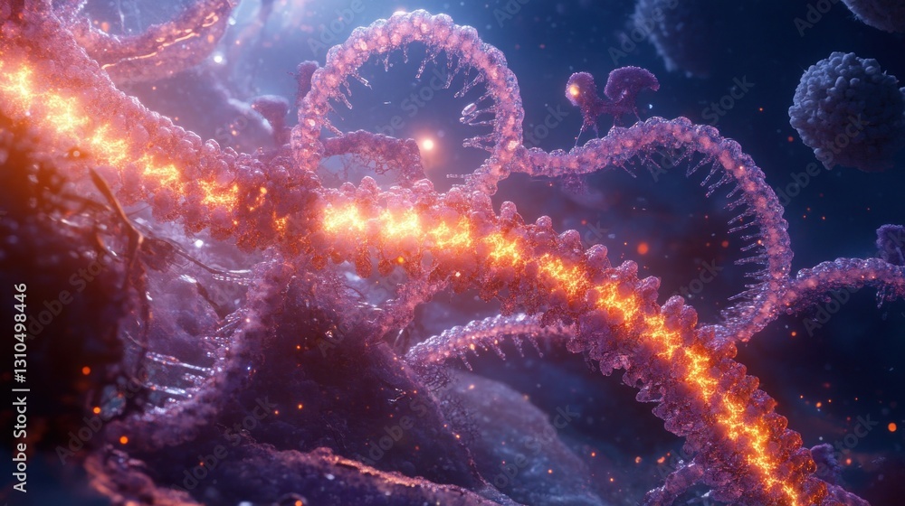 Poster abstract microscopic view of colorful cellular structures with bright orange highlights and depth