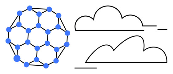 Blue-node molecular network sphere connected by lines next to outlined clouds. Ideal for technology, innovation, cloud computing, science modeling, data, connectivity, flat simple metaphor