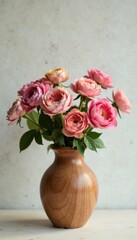 Soft, muted floral arrangement in a wooden vase , botanicals, earthy tones, organic flowers