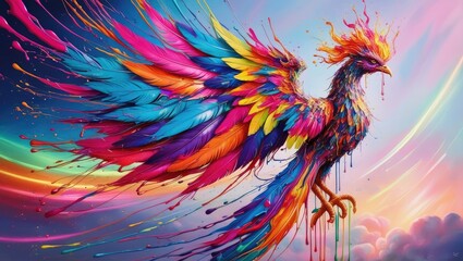 Obraz premium abstract colorful bird Mesmerizing Phoenix Formed from Vibrant Liquid Paint Splashes, Soaring with Neon Colors and Dripping Feathers Against a Glowing Abstract Background