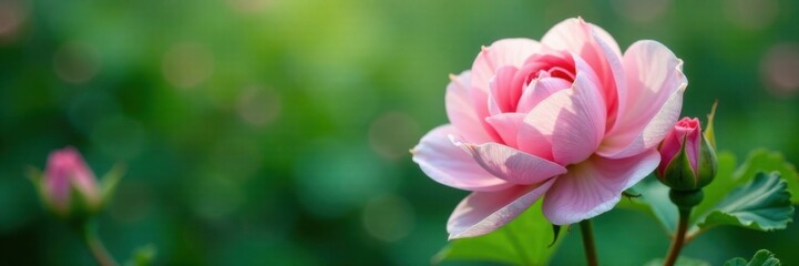 Fototapeta premium Soft pink and white petals unfolding from a green stem, surrounded by leafy greens and delicate foliage, nature, green, garden