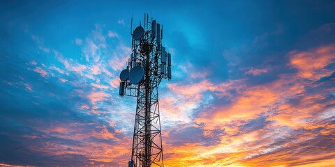 Obraz premium Towering Communication Structure with Panel Antennas Against Dramatic Sunset Sky and Colorful Cloud Illumination in the Evening Horizon