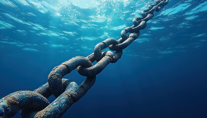 Underwater View of a Heavy Rusted Chain Suspended in Clear Ocean Water Beneath the Surface