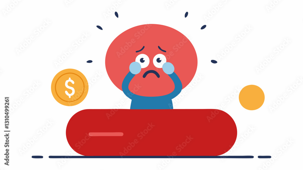 Poster panic button a large red button labeled panic being pressed by a worried character while dollar sign