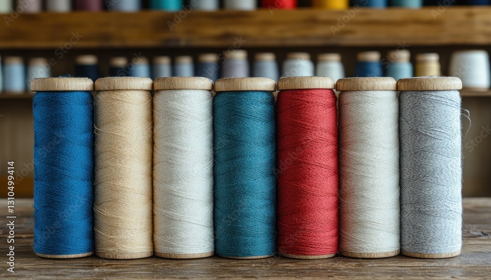 Poster colorful thread spools arranged neatly on a wooden table in a tailoring workshop