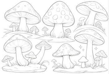Set of whimsical mushrooms with varied shapes and sizes, illustrated in a black-and-white storybook style. Isolated on white, perfect for children’s books and playful designs