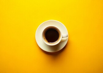 Flat Lay Minimalist Coffee Photo: White Cup Black Coffee Yellow Background