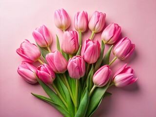 Obraz premium Flat Lay Pink Tulips: Delicate Spring Flowers on Light Pink Background, Studio Shot