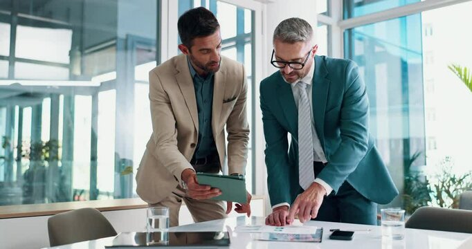 Feedback, meeting and tablet with business people in boardroom together for planning or research. Administration, management and review with employee men in office for collaboration or teamwork