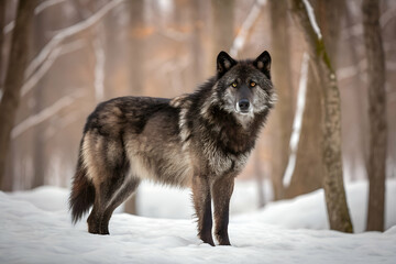 Fototapeta premium A lone alpha wolf with a thick coat trekking through the snow in a dense, frozen winter forest