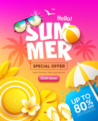 Summer sale, yellow tropical holiday concept, purple and yellow poster flyer design background, Eps 10 vector illustration