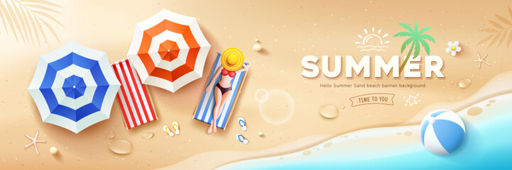 Beach umbrella and beach canvas bed, coconut leaf, poster banner design on sand beach background, Eps 10 vector illustration