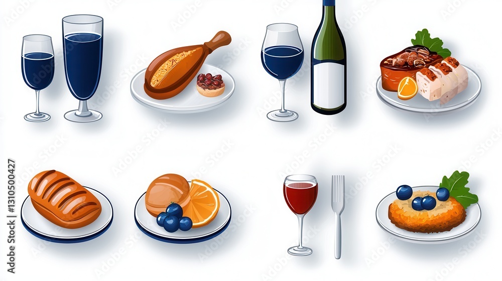 Poster comprehensive catering and restaurant icon set featuring a diverse array of food drink and tableware