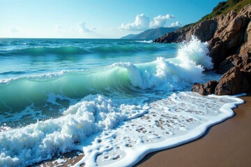 Naklejka premium Ocean waves crash against rocky shore, foamy waters , wave, texture, shore