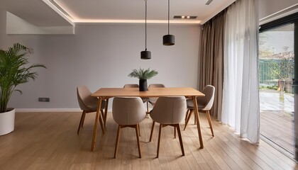 Elegant Minimalist Dining Space Showcasing a Contemporary Wooden Table and Seating Arrangement, Set against a Soft Neutral Palette with Pop Art Elements, Emphasizing Modern Luxury and