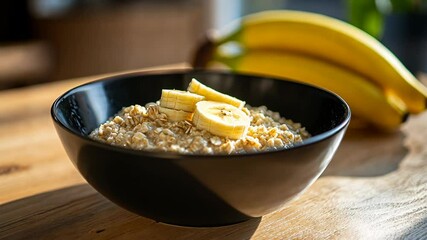 Healthy breakfast option featuring oatmeal with banana slices and fresh bananas in the background on a wooden table - Powered by Adobe