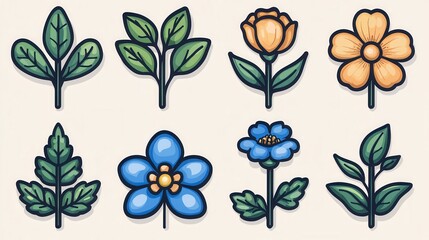 Obraz premium Sophisticated botanical line icon collection featuring a variety of unique floral graphic elements including leaves petals stems and abstract symbols in a clean minimalist style
