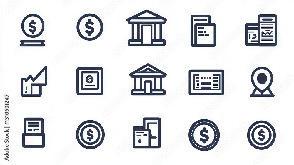 Poster a comprehensive set of 15 outline icons representing various financial and banking concepts such as 