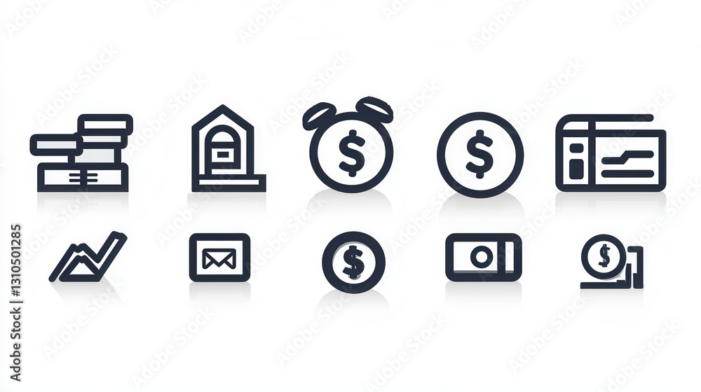 Poster set of 15 stylized outline icons representing various financial banking and investment related conce