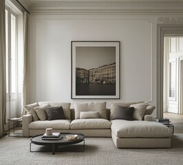 Elegant Living Room with Modern Sofa and Neutral Decor Elements