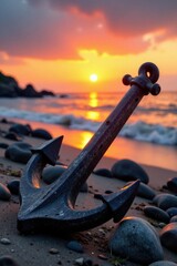 Old wooden anchor rests on a worn stone beach at sunset, sea, waves, shore