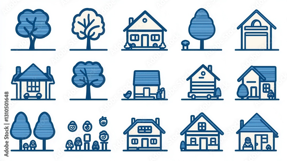 Poster set of 15 line art style icons depicting various types of homes and natural elements in a minimalist
