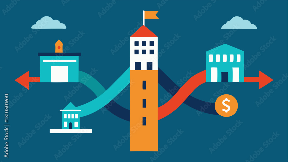 Poster investment choices a vector depicting multiple paths leading from a central business building each p