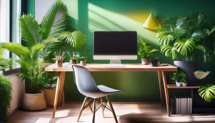 Modern Green Home Office Workspace Indoor Tropical Oasis, Modern Aesthetics with Sleek Desk, Computer, and Greenery, Inspiring Efficiency in a Serene Environment